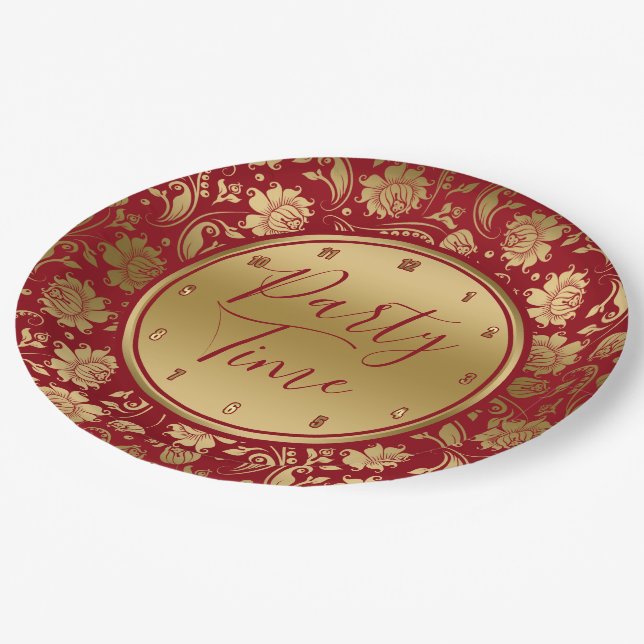 Gold & Burgundy damask, party time typography Paper Plate (Angled)
