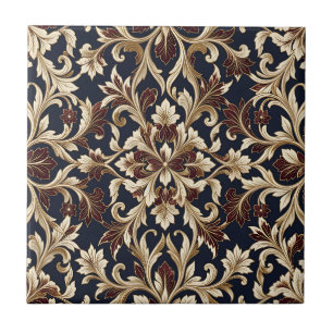 Gold Burgundy Damask Pattern Ornate Baroque Ceramic Tile