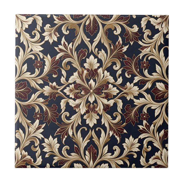 Gold Burgundy Damask Pattern Ornate Baroque Ceramic Tile (Front)