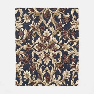 Gold Burgundy Damask Pattern Ornate Baroque Fleece Blanket
