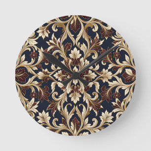 Gold Burgundy Damask Pattern Ornate Baroque Round Clock