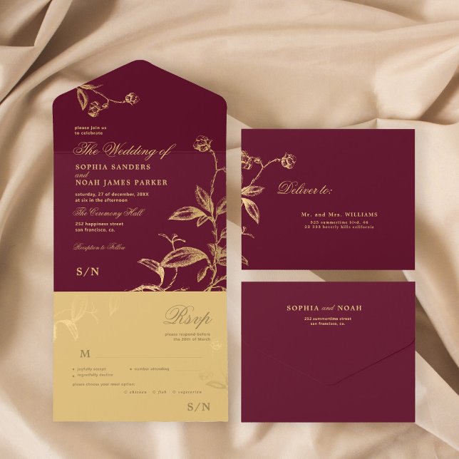 Gold burgundy elegant botanical wedding all in one invitation (Creator Uploaded)