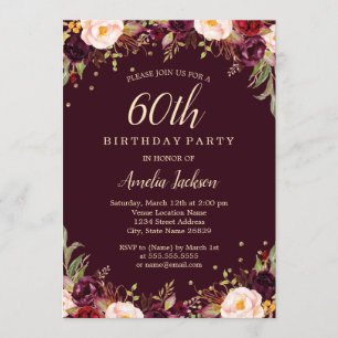 Gold Burgundy Elegant Floral 60th Birthday Party Invitation