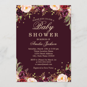 Gold Burgundy Elegant Floral Baby Shower Invitation