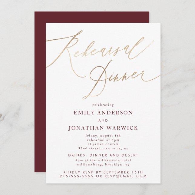 Gold & Burgundy Fall Calligraphy Wedding Rehearsal Invitation (Front/Back)