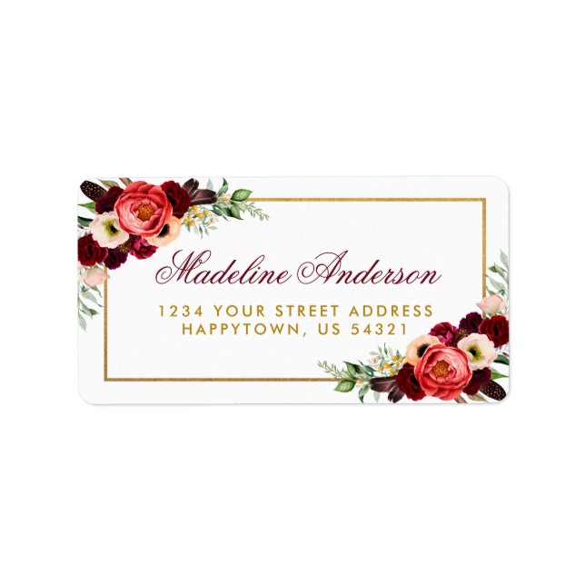 Gold Burgundy Floral Boho Wedding Address Label (Front)
