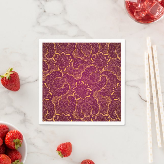 Gold & Burgundy Floral Damasks Geometric Pattern Napkin (Insitu)