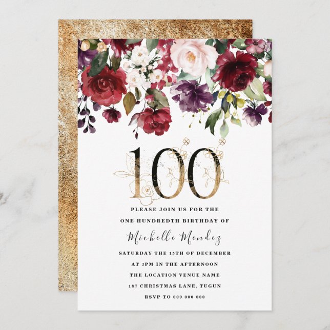 Gold Burgundy Floral Elegant 100th Birthday Party Invitation (Front/Back)