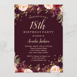 Gold Burgundy Floral Elegant 18th Birthday Party Invitation