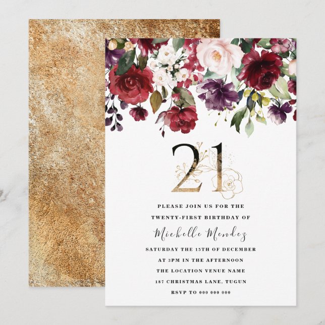 Gold Burgundy Floral Elegant 21st Birthday Party Invitation (Front/Back)