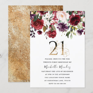 Gold Burgundy Floral Elegant 21st Birthday Party Invitation