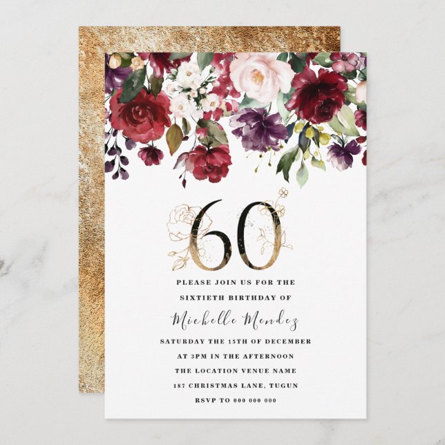 Gold Burgundy Floral Elegant 60th Birthday Party Invitation (Front/Back)
