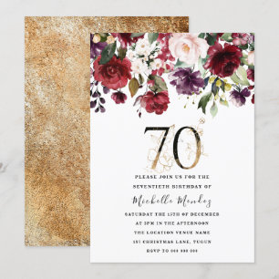 Gold Burgundy Floral Elegant 70th Birthday Party Invitation