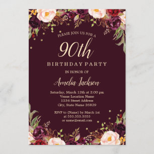 Gold Burgundy Floral Elegant 90th Birthday Party Invitation