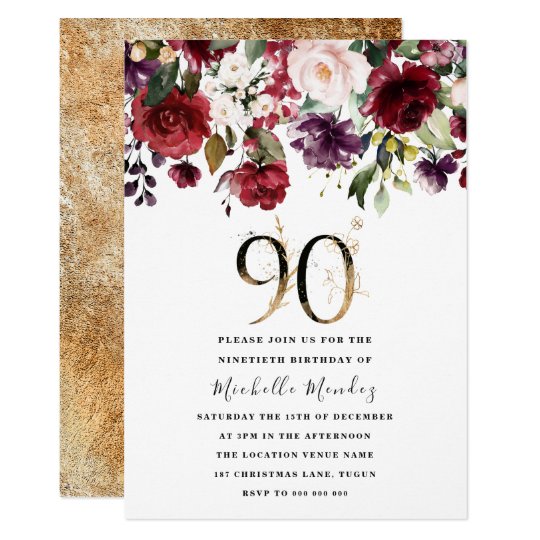 Gold Burgundy Floral Elegant 90th Birthday Party Invitation