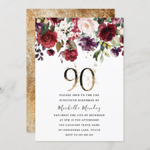 Gold Burgundy Floral Elegant 90th Birthday Party Invitation