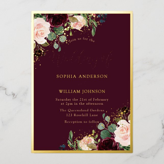 Gold Burgundy Floral Frame Wedding Real  (Front)