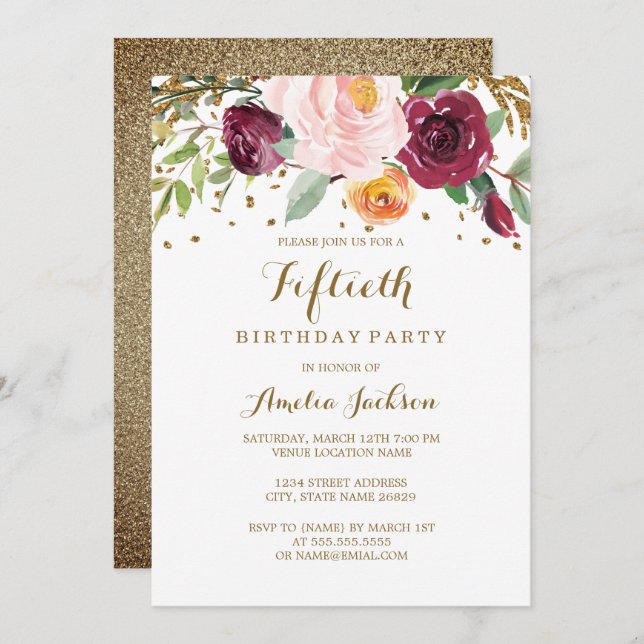 Gold Burgundy Floral Glitter 50th Birthday Party Invitation (Front/Back)