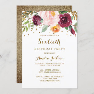 Gold Burgundy Floral Glitter 60th Birthday Party Invitation