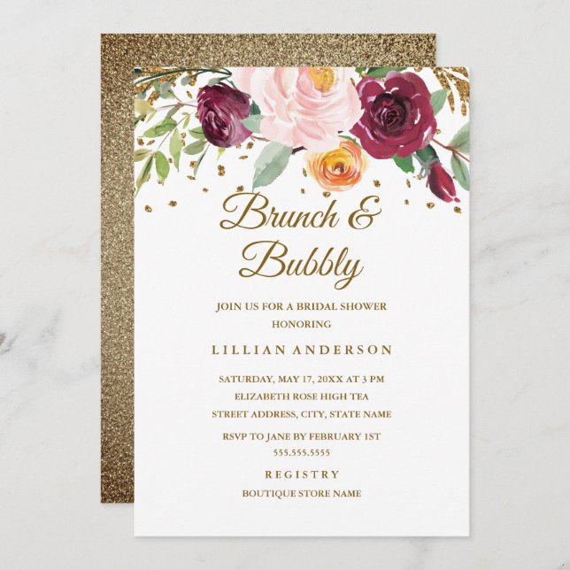 Gold Burgundy Floral Glitter Brunch And Bubbly Invitation (Front/Back)