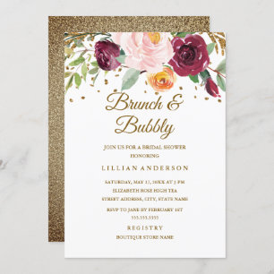 Gold Burgundy Floral Glitter Brunch And Bubbly Invitation