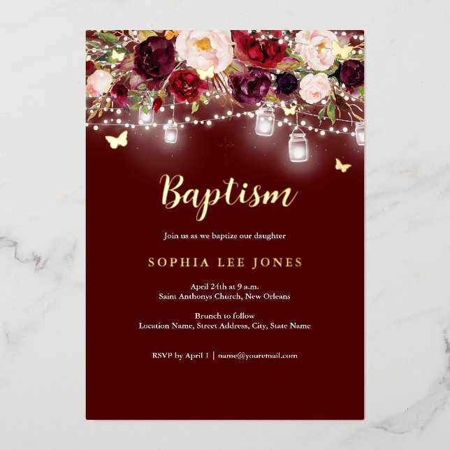 Gold Burgundy Floral Lights Baptism  (Front)