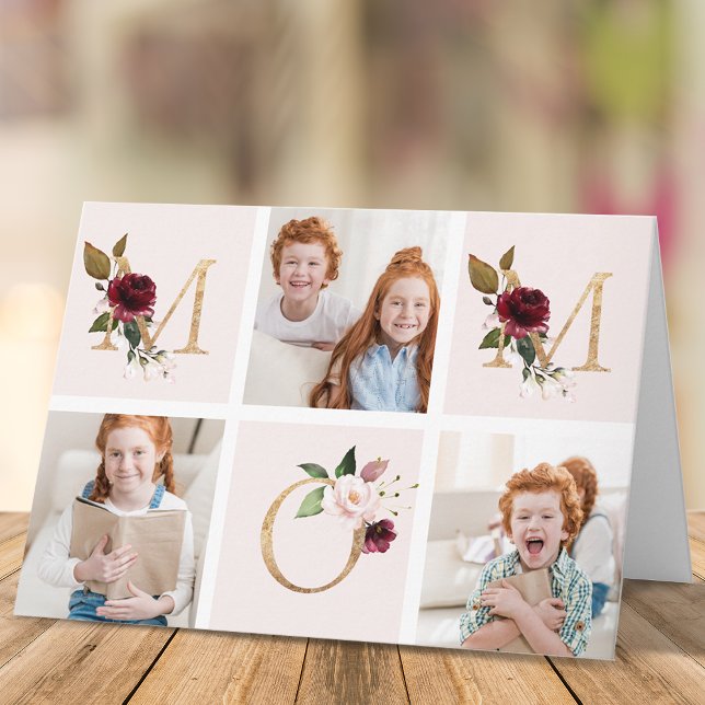 Gold Burgundy Floral MOM Multi Photo Mothers Day Card (Creator Uploaded)