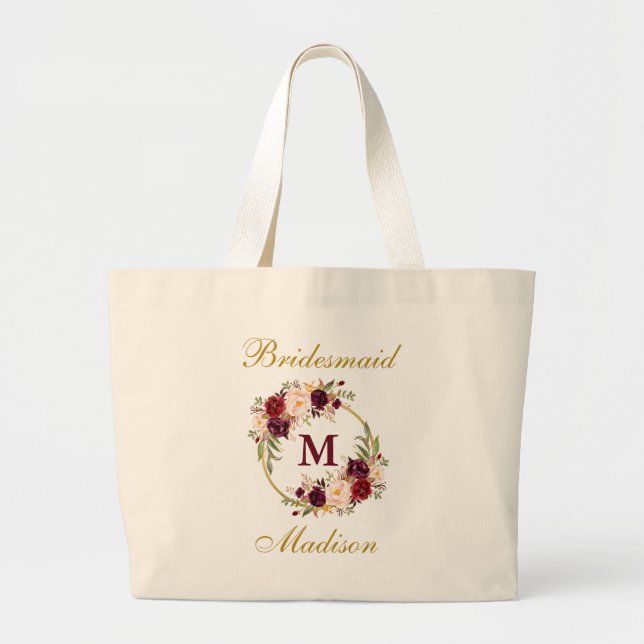 Gold Burgundy Floral Monogram Bridesmaid Large Tote Bag (Front)