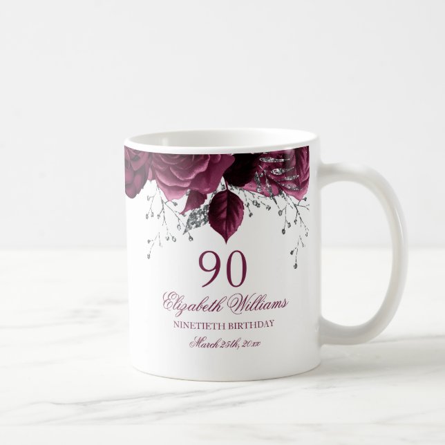 Gold Burgundy Floral Rose 90th Birthday Coffee Mug (Right)