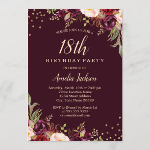 Gold Burgundy floral Sparkle 18th Birthday Invitation
