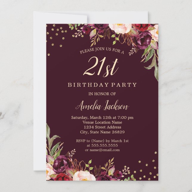 Gold Burgundy floral Sparkle 21st Birthday Party Invitation (Front)