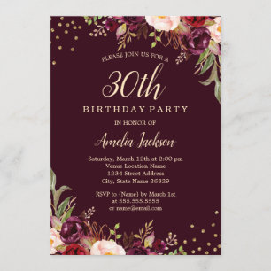 Gold Burgundy floral Sparkle 30th Birthday Invitation