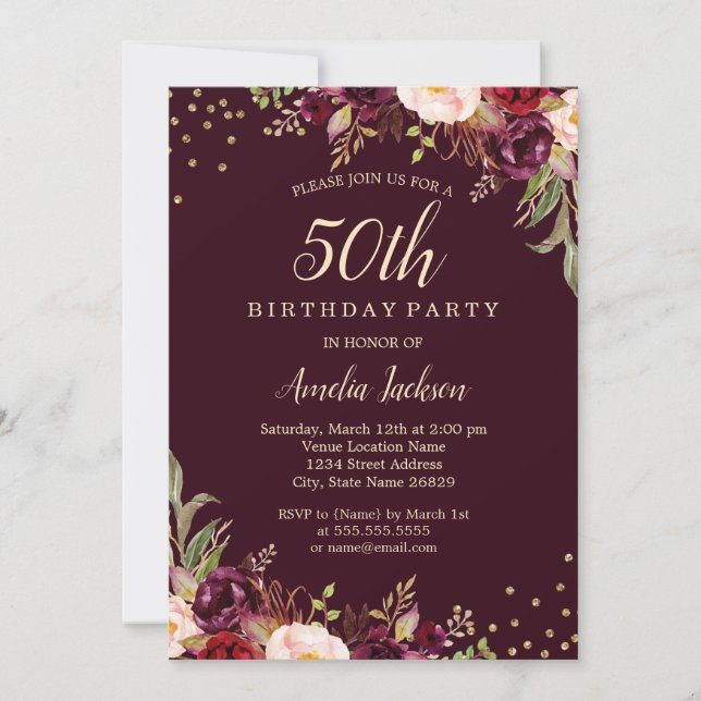 Gold Burgundy floral Sparkle 50th Birthday Party Invitation (Front)