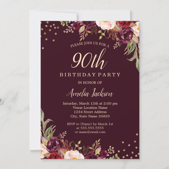 Gold Burgundy floral Sparkle 90th Birthday Party Invitation (Front)