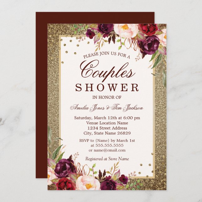 Gold Burgundy floral Sparkle Couples Shower Invitation (Front/Back)