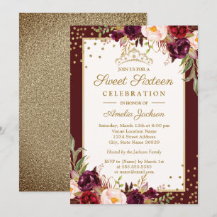 Gold Burgundy floral Sparkle Sweet Sixteen Invitation