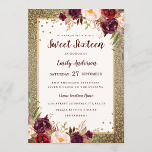 Gold Burgundy floral Sparkle Sweet Sixteen Invite