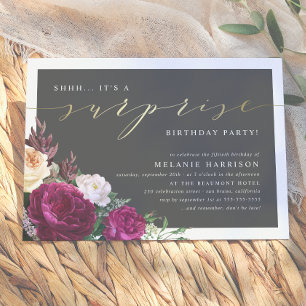 Gold & Burgundy Floral Surprise Birthday Party Invitation