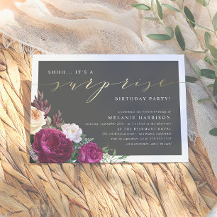 Gold & Burgundy Floral Surprise Birthday Party Invitation
