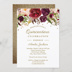 Gold Burgundy Floral Watercolor Quinceanera Invite