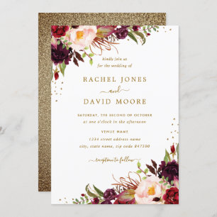 Gold Burgundy Floral Watercolor Wedding Invite