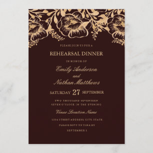 Gold Burgundy Floral Wedding Rehearsal Dinner Invitation