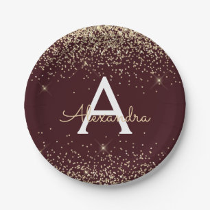 Gold Burgundy Glitter Sparkle Monogram Birthday Paper Plate