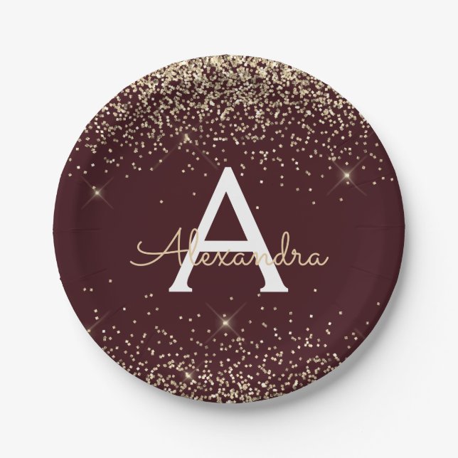 Gold Burgundy Glitter Sparkle Monogram Birthday Paper Plate (Front)