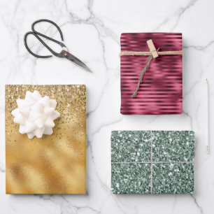 Gold Burgundy Green Glitter Glam Wrapping Paper Sheet
