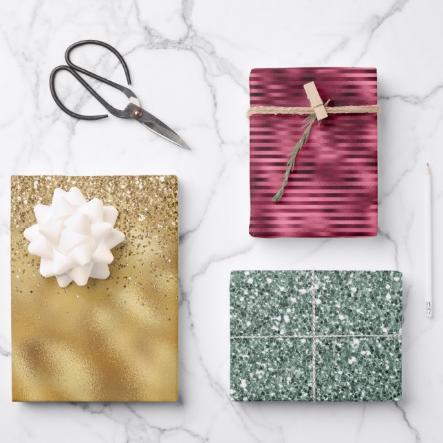 Gold Burgundy Green Glitter Glam Wrapping Paper Sheet (Front)