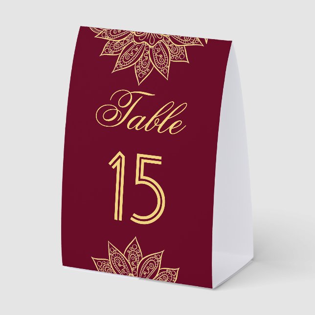Gold Burgundy Henna Indian Wedding Table Number (Front)