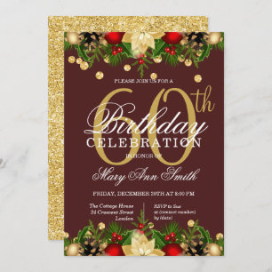 Gold & Burgundy Holiday Glitter 60th Birthday  Invitation