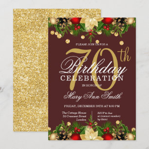 Gold & Burgundy Holiday Glitter 70th Birthday  Invitation