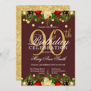 Gold & Burgundy Holiday Glitter 90th Birthday  Invitation